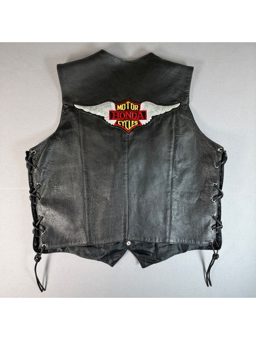 Vintage Hasbro Honda Motorcycle Leather Vest Mens L Black Biker Lace Up Sides
